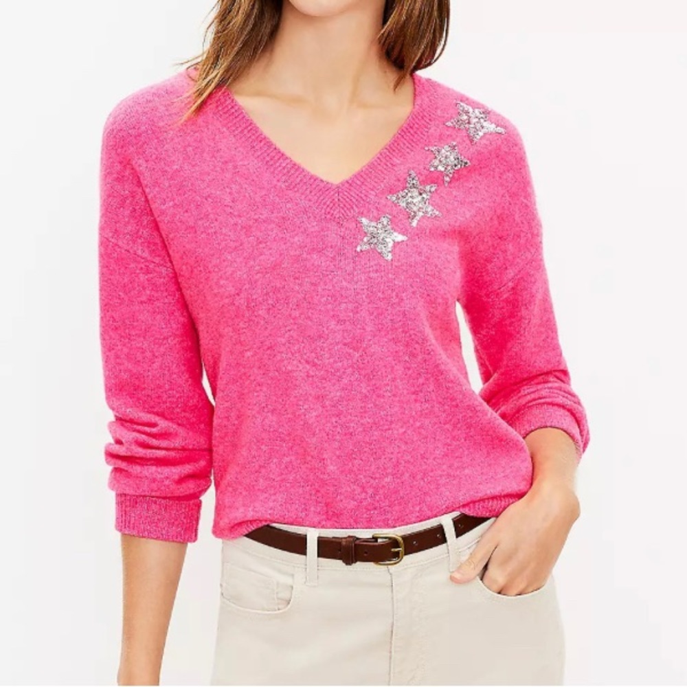 LOFT pink v neck slouchy sweater with sequin stars Medium NEW!
